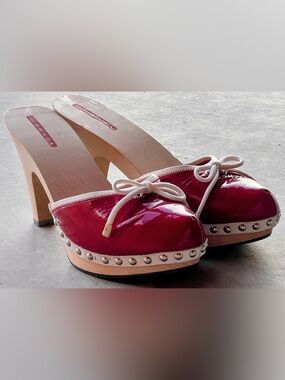 Prada Red Patent Leather Bow Mules Wooden Clog Slides White Trim EU 39